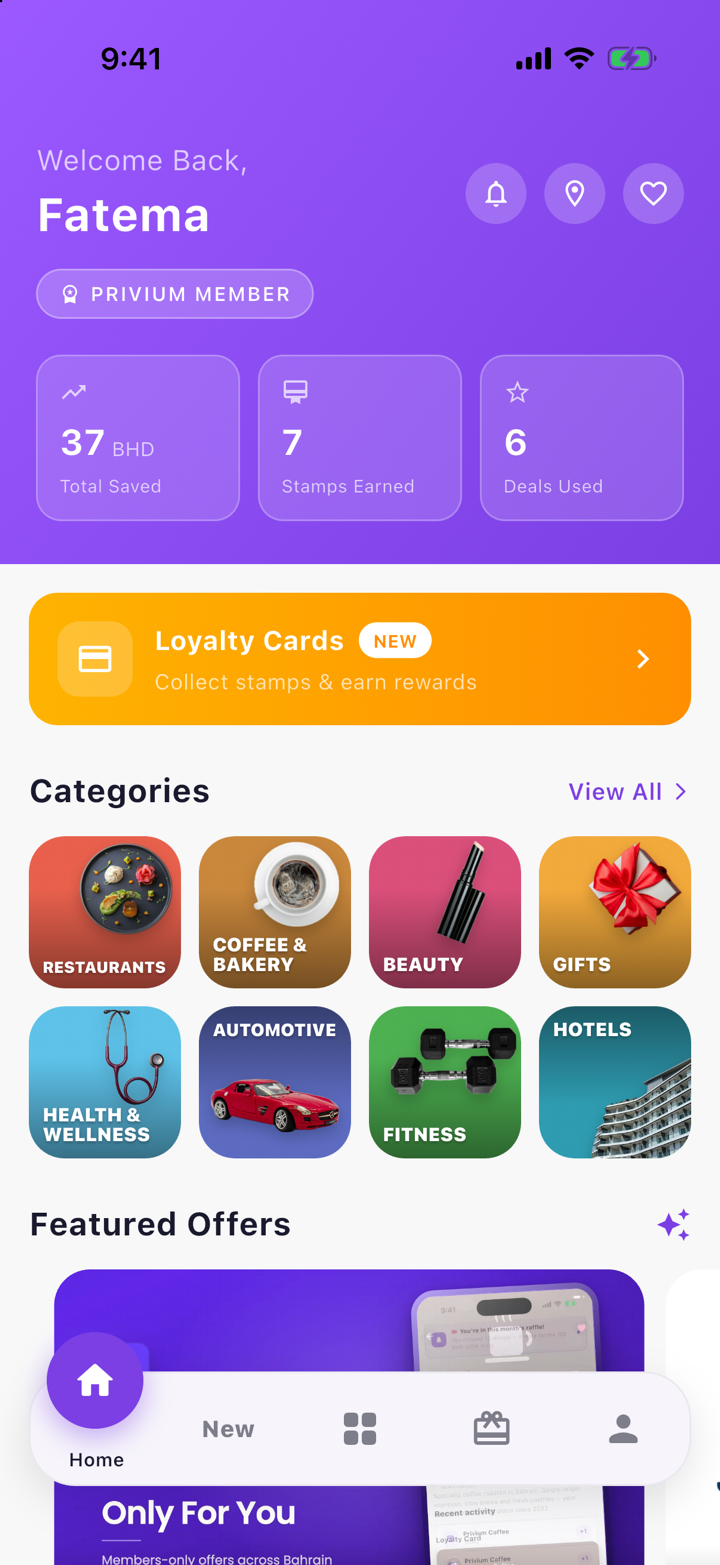 Privium app home screen showing a member's savings, stamps, deals used, loyalty cards and photo category tiles