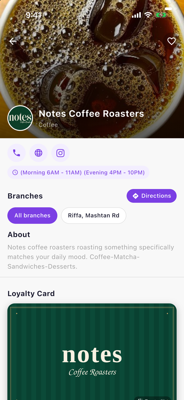 Notes Coffee Roasters' venue page in the Privium app with cover, contact buttons, hours, branches, directions and loyalty card
